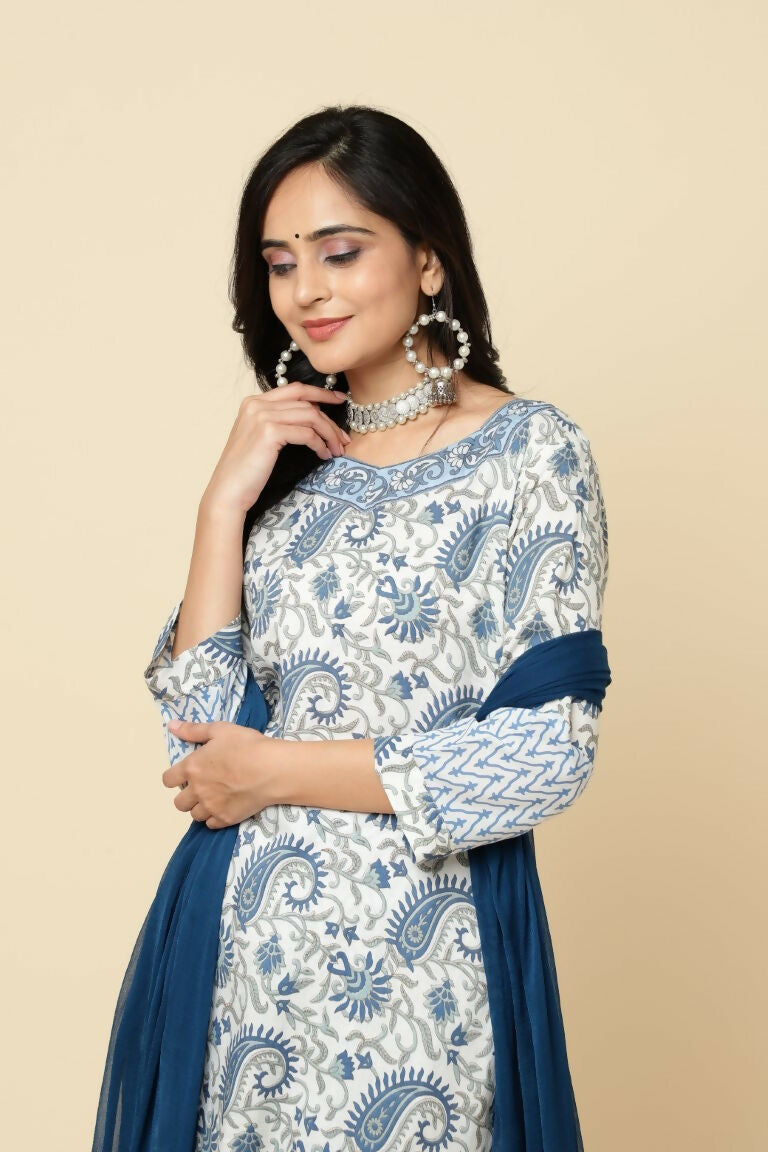 Designer Stylish White Keri cotton Stitched Suit With Dupatta - Tanisha