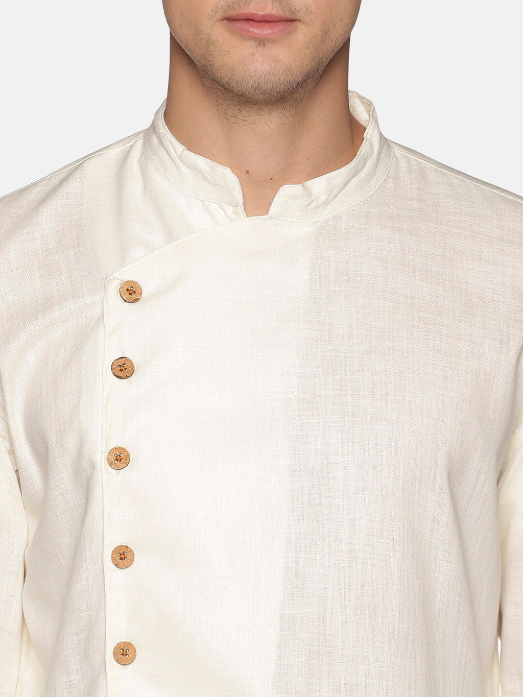 Sethukrishna Men Off White Angrakha Pure Cotton Kurta with Churidar