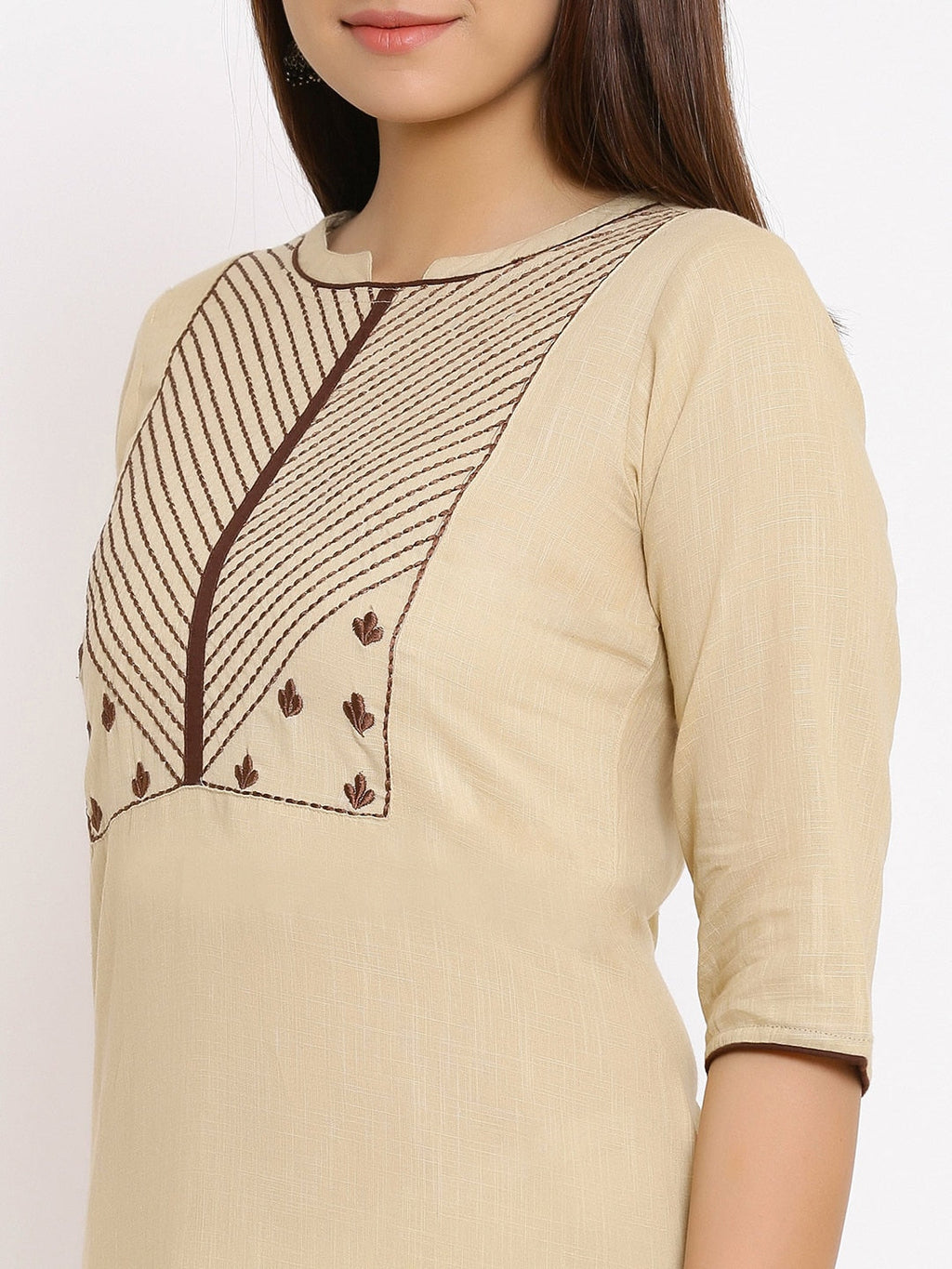 HERE&NOW Beige Geometric Yoke Design Thread Work Kurta
