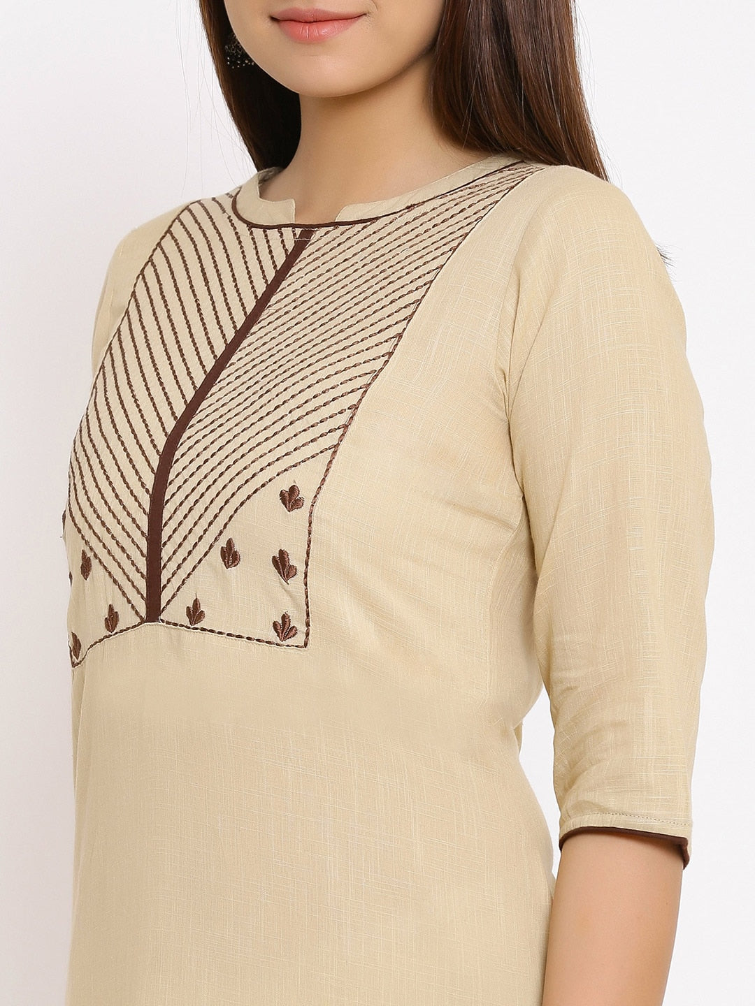 HERE&NOW Beige Geometric Yoke Design Thread Work Kurta
