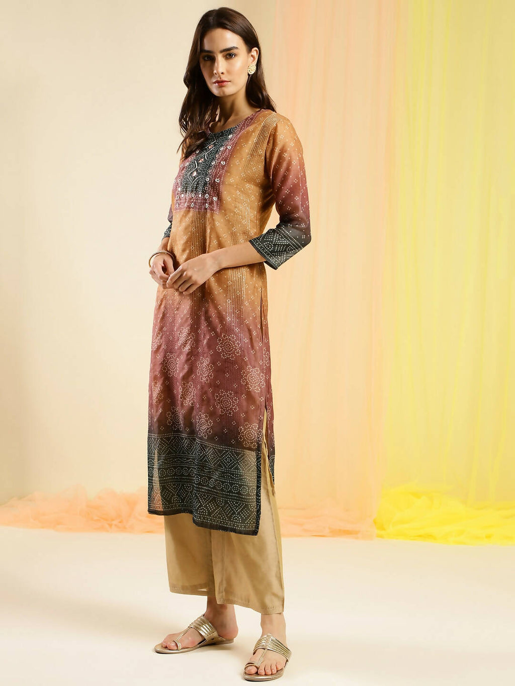 Orange Chinon Digital Printed With Hand Work Kurta - Himanshi