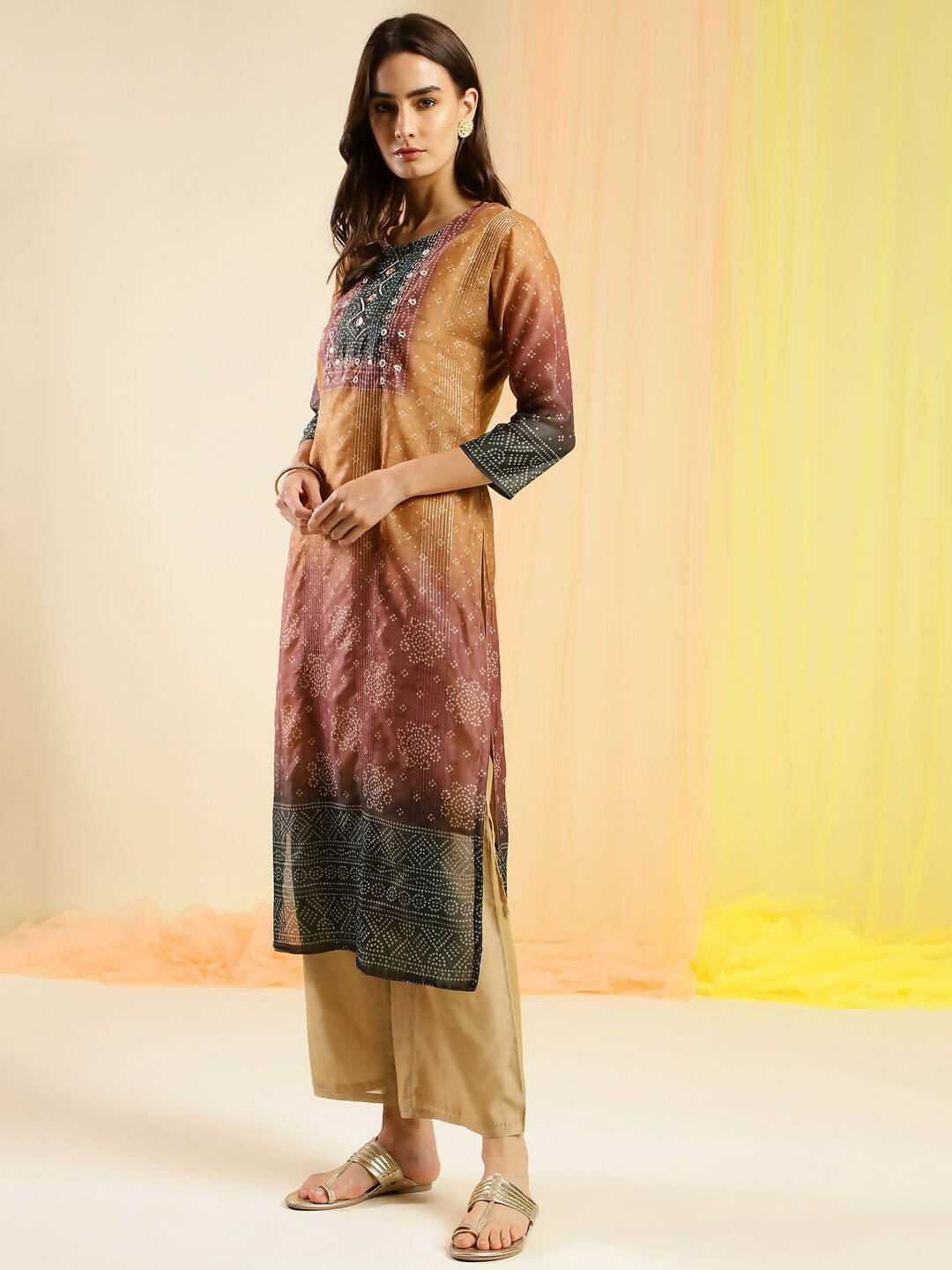 Orange Chinon Digital Printed With Hand Work Kurta - Himanshi