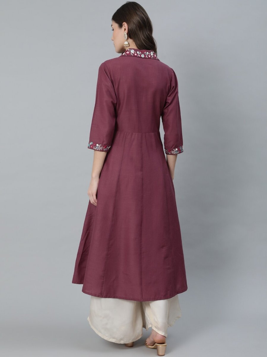 Aks Notched Lapel Collar Thread Work A-Line Kurta