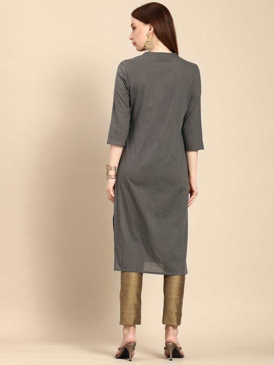 All About You Women Grey Ethnic Motifs Yoke Design Pure Cotton Kurta