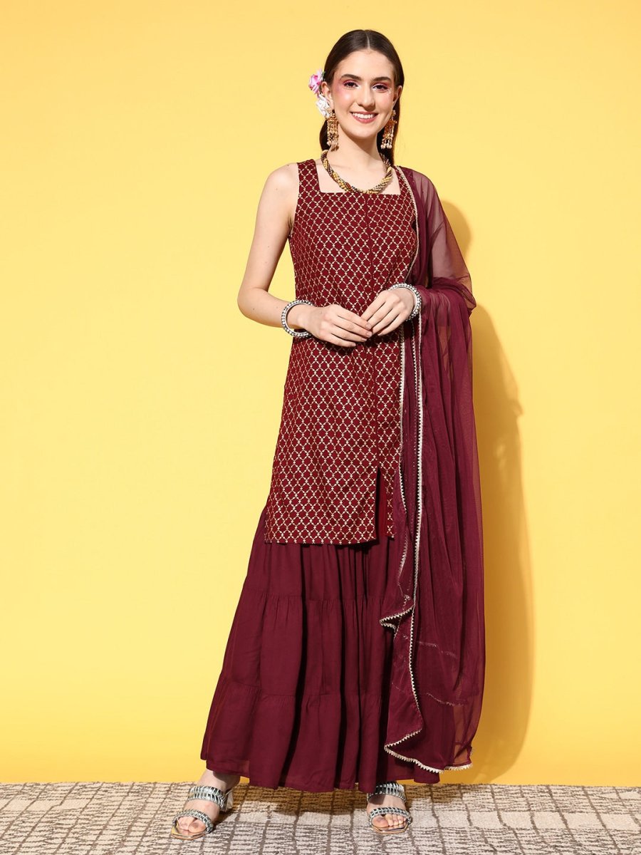 All About You Women Maroon Ethnic Motifs Printed Kurti with Fusion Bottoms & With Dupatta