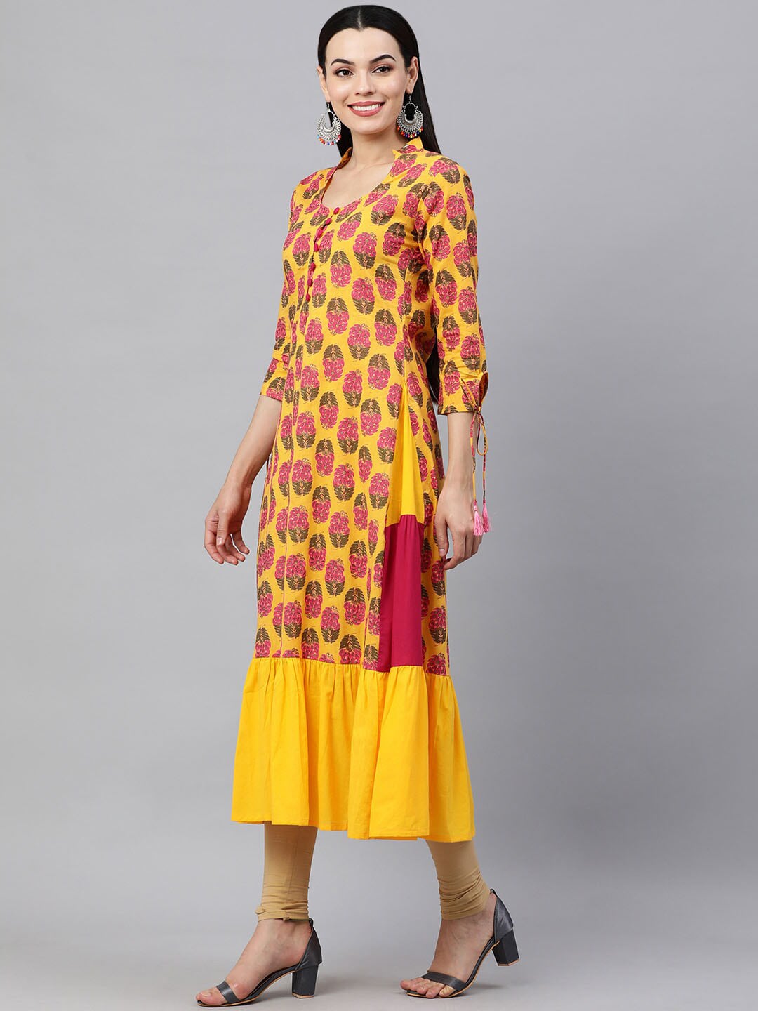 HERE&NOW Women Yellow & Pink Ethnic Motifs Pure Cotton Printed Kurta