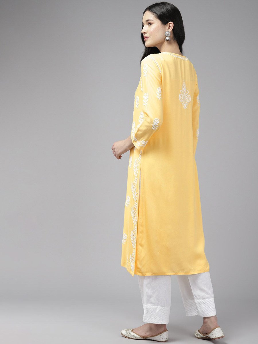 ADA Floral Embroidered Lucknowi Chikankari Cotton Silk Straight Kurta
