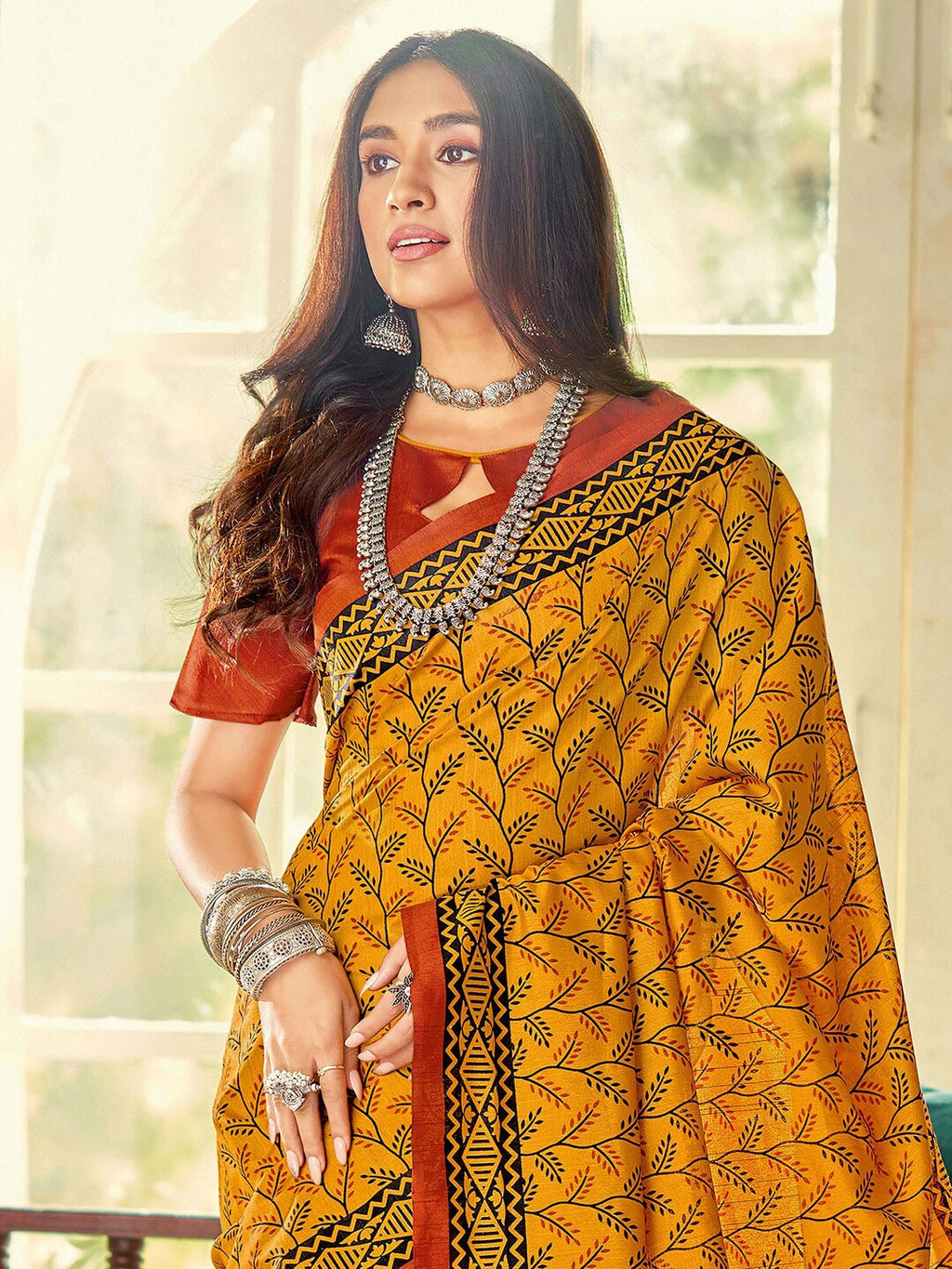 Saree Mall Mustard & Maroon Ethnic Motifs Printed Bhagalpuri Sarees