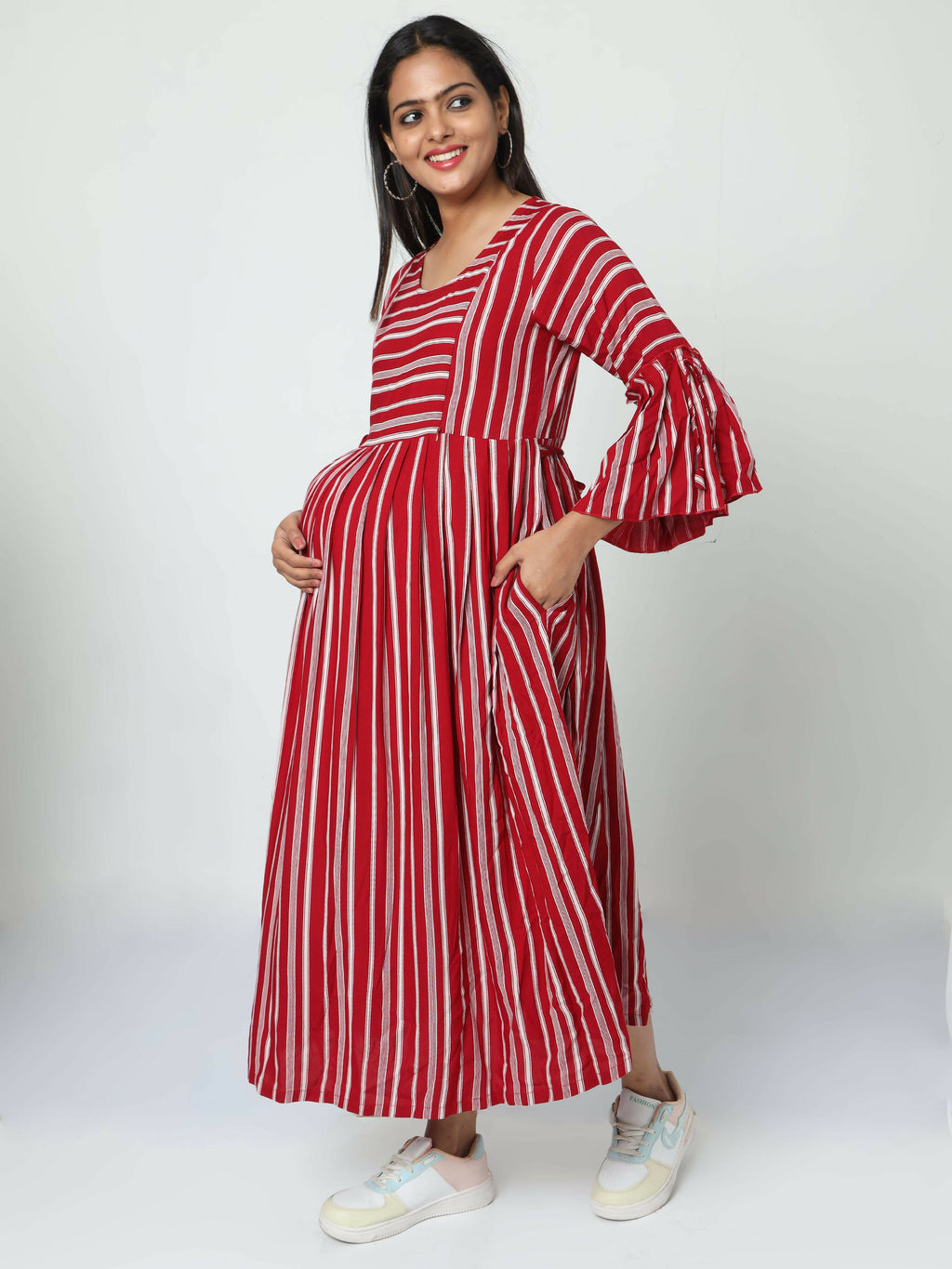 Manet Three Fourth Maternity Dress With Concealed Zipper Nursing Access - Red