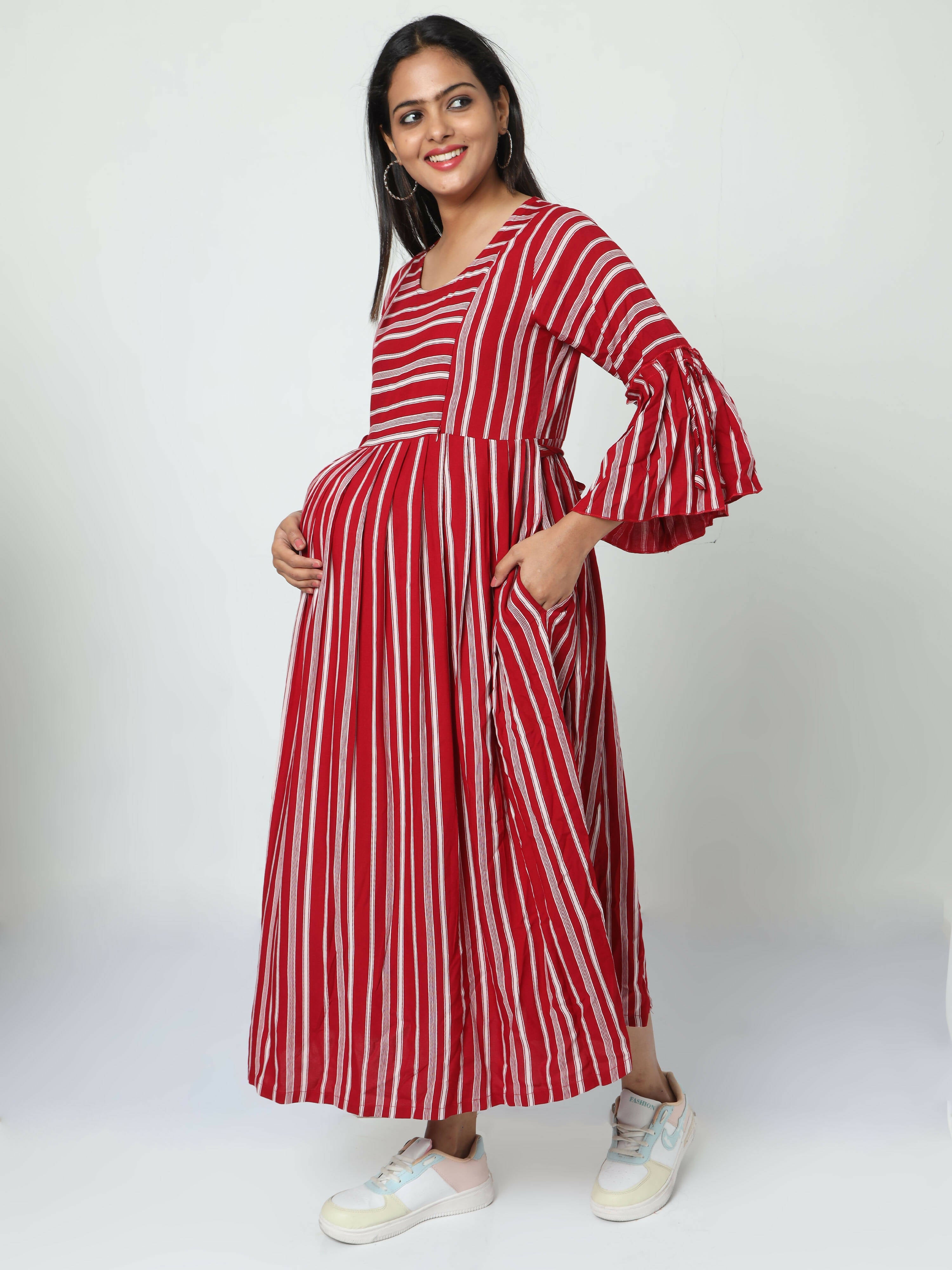 Manet Three Fourth Maternity Dress With Concealed Zipper Nursing Access - Red