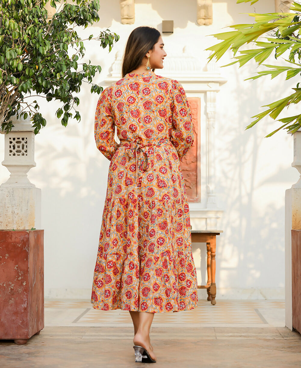 Kaajh Women's Yellow-Red Floral Hand Block Print Cotton Dress