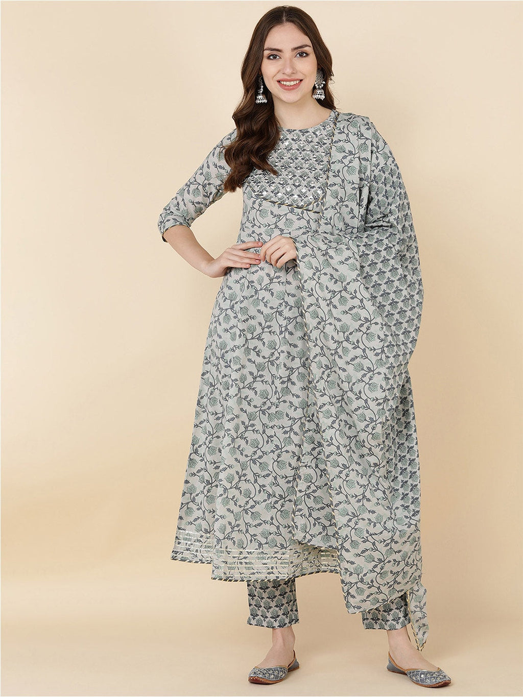 HERE&NOW Women Grey & Olive Green Embroidered Angrakha Kurta with Trousers & With Dupatta