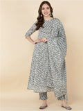 HERE&NOW Women Grey & Olive Green Embroidered Angrakha Kurta with Trousers & With Dupatta