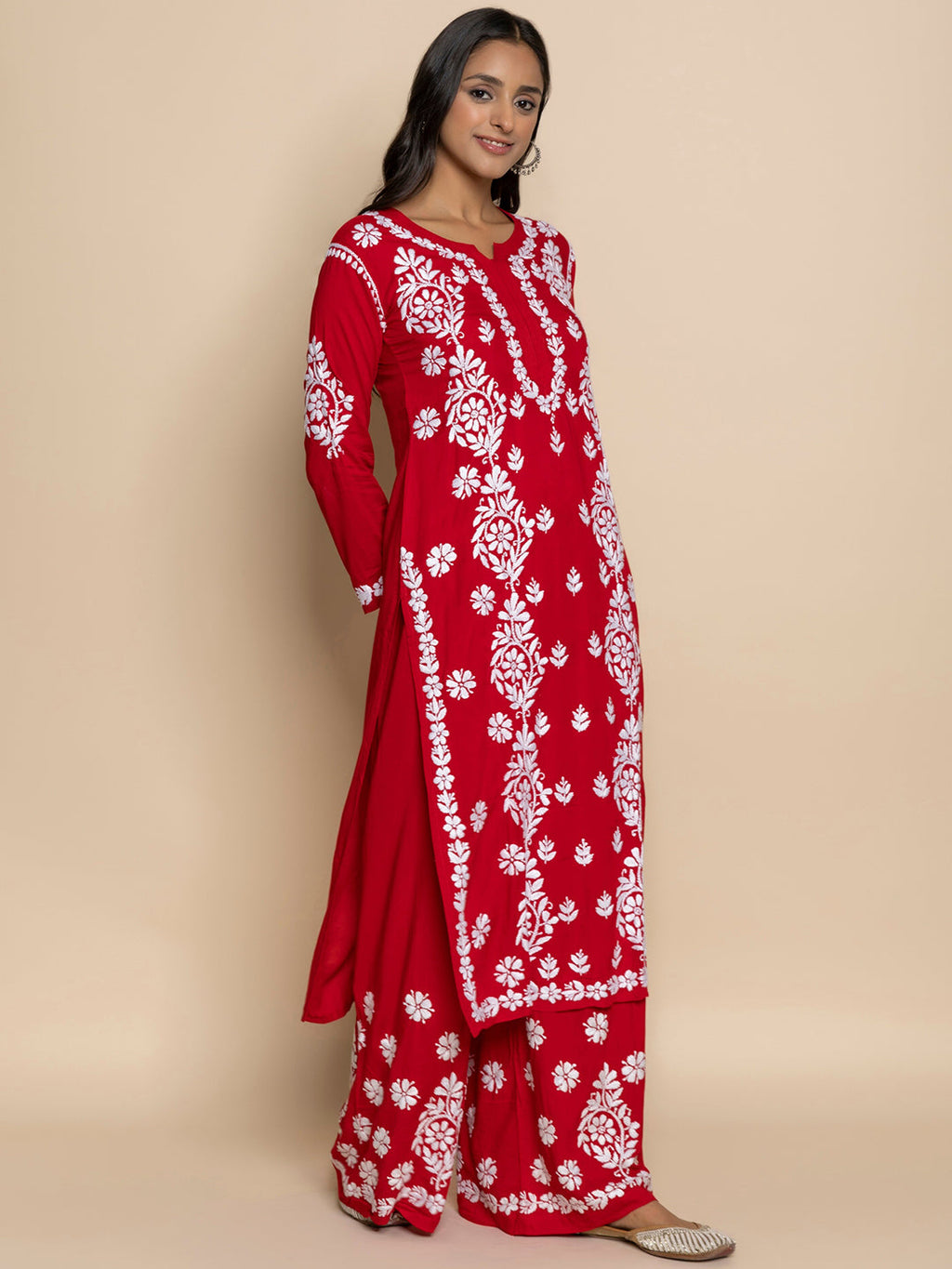HOUSE OF KARI Floral Embroidered Chikankari Cotton A-Line Kurta
