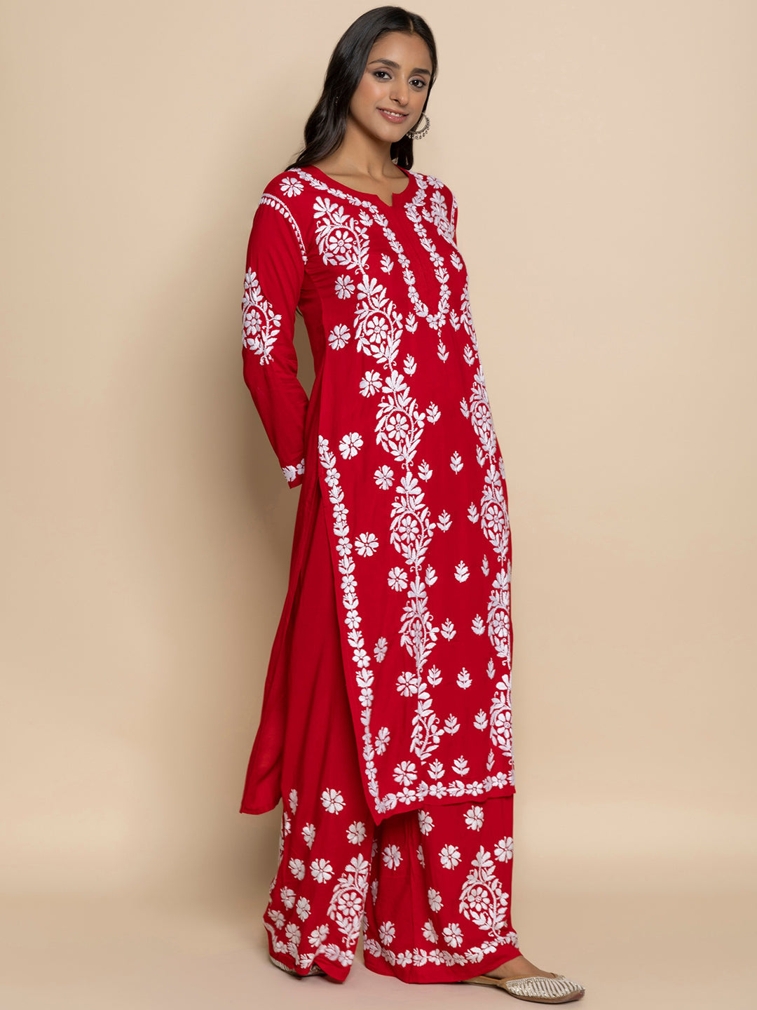 HOUSE OF KARI Floral Embroidered Chikankari Cotton A-Line Kurta