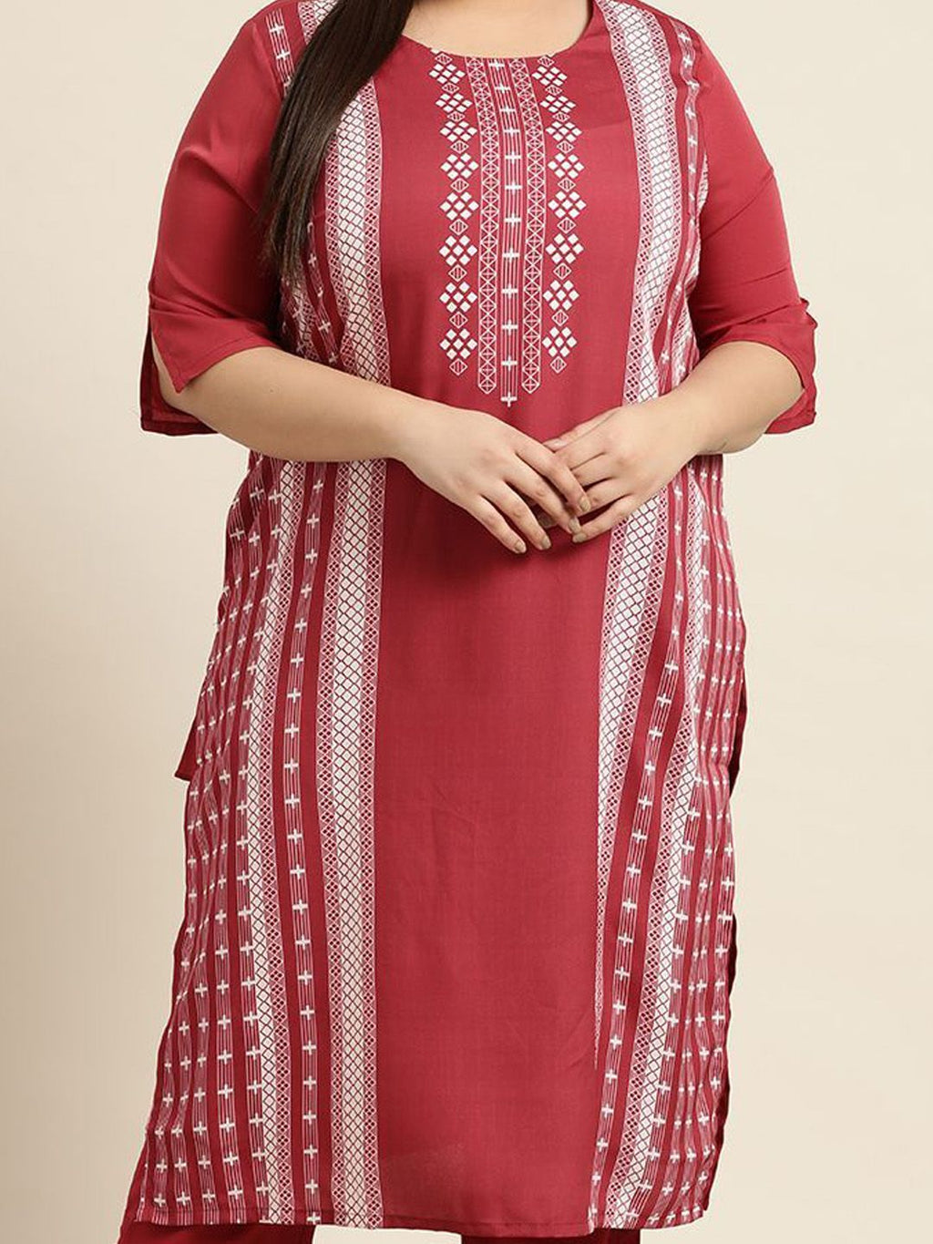 Sztori Plus Size Geometric Printed Round Neck Straight Kurta