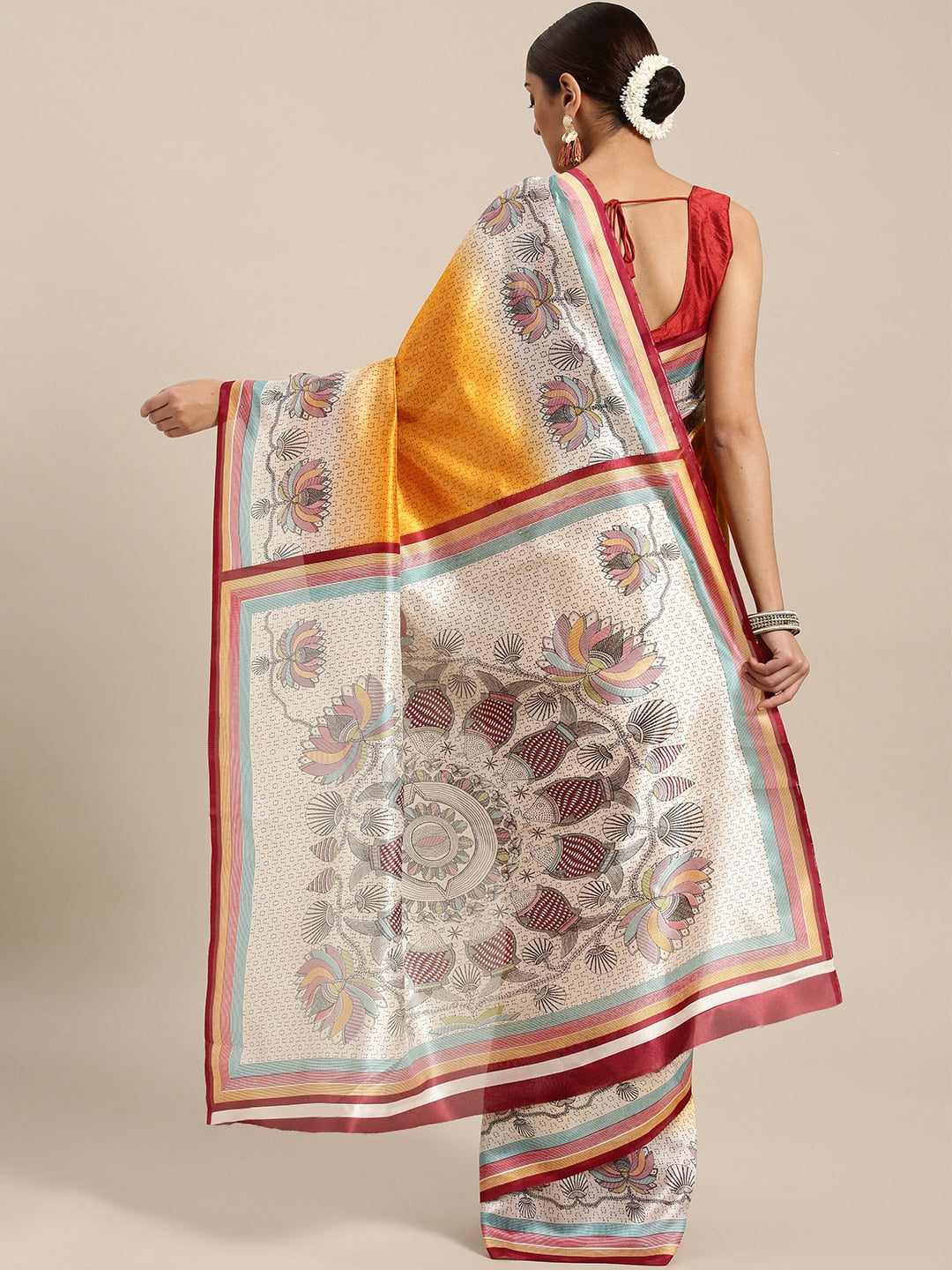 Saree Mall Mustard Yellow Printed Bhagalpuri Saree