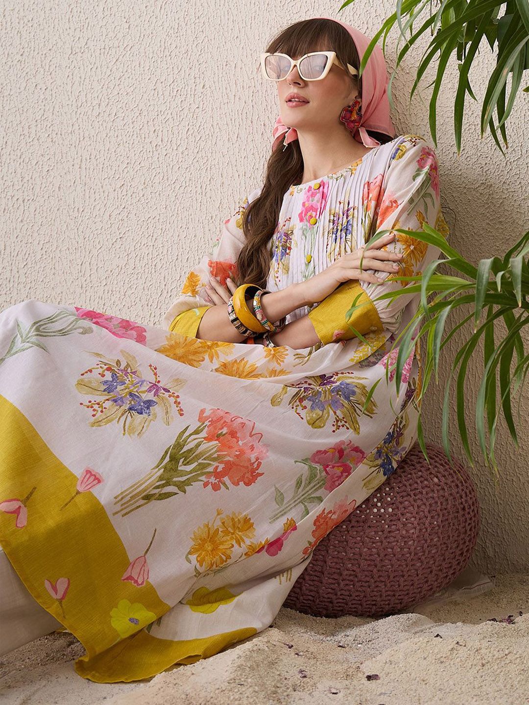 Indo Era Floral Printed Round Neck Pure Cotton Straight Kurta With Trouser