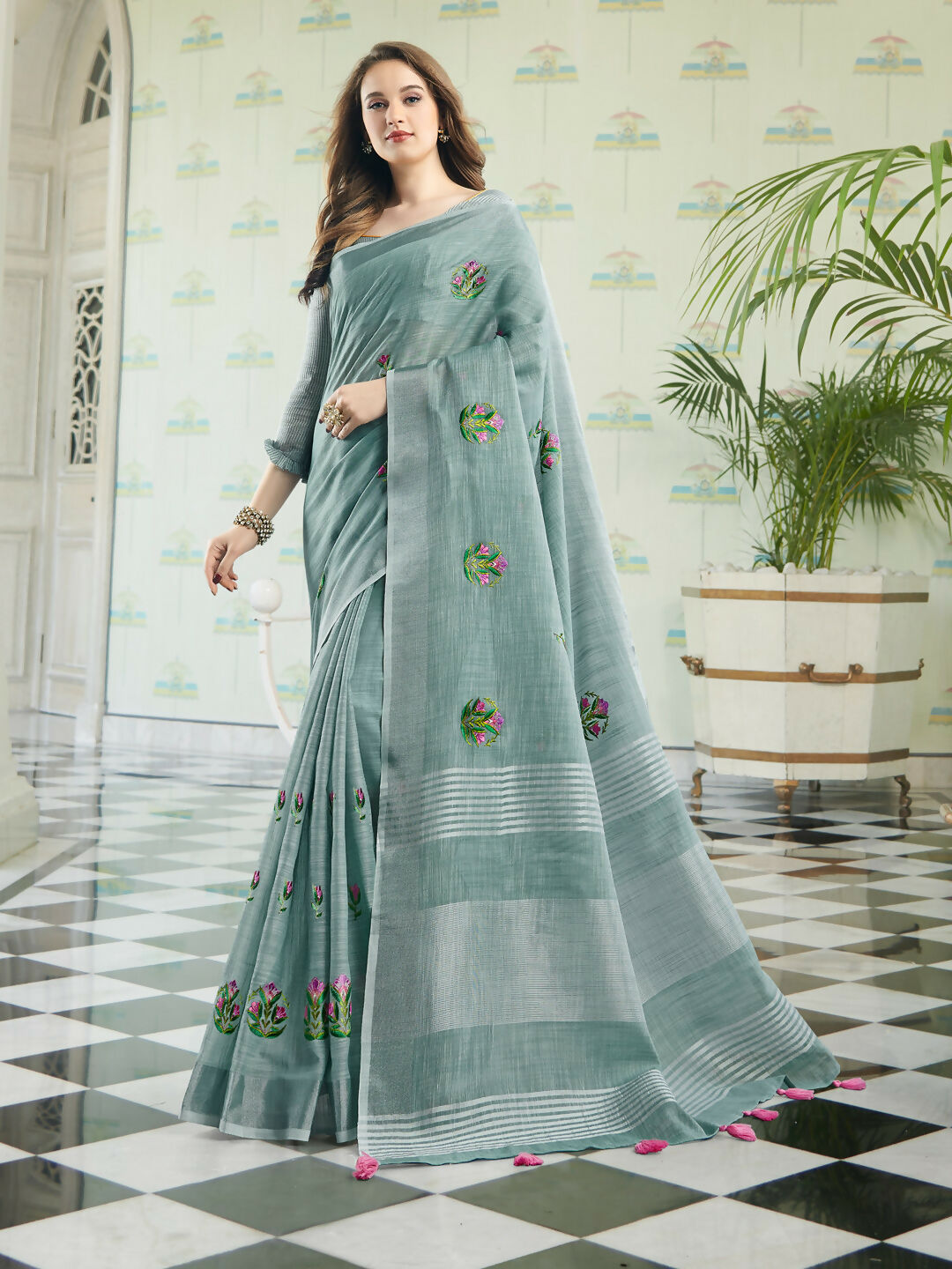 Shree Shyam Fashion Linen Sea Green Saree