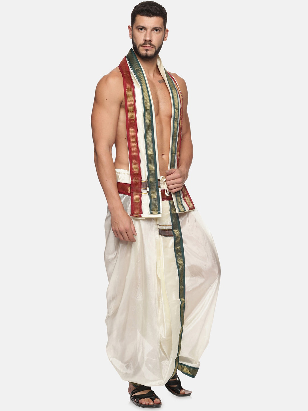 Sethukrishna Men Cream Coloured Solid Dhoti Pant With Angavastram