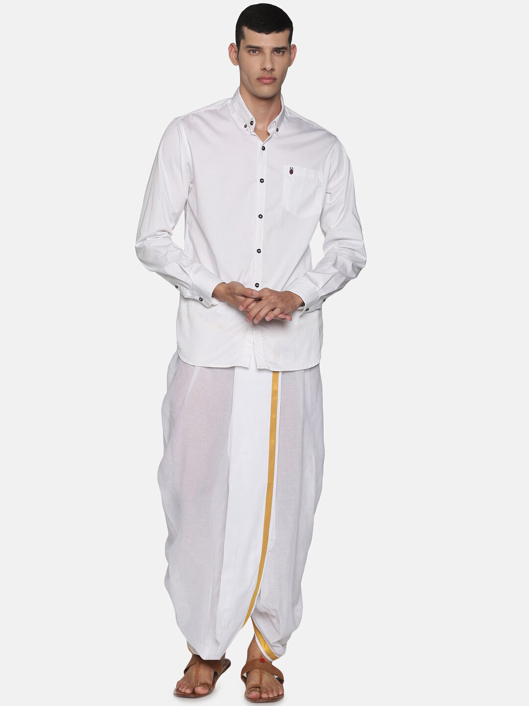 Sethukrishna Men White & Gold-Coloured Solid Readymade Cotton Dhoti Pant