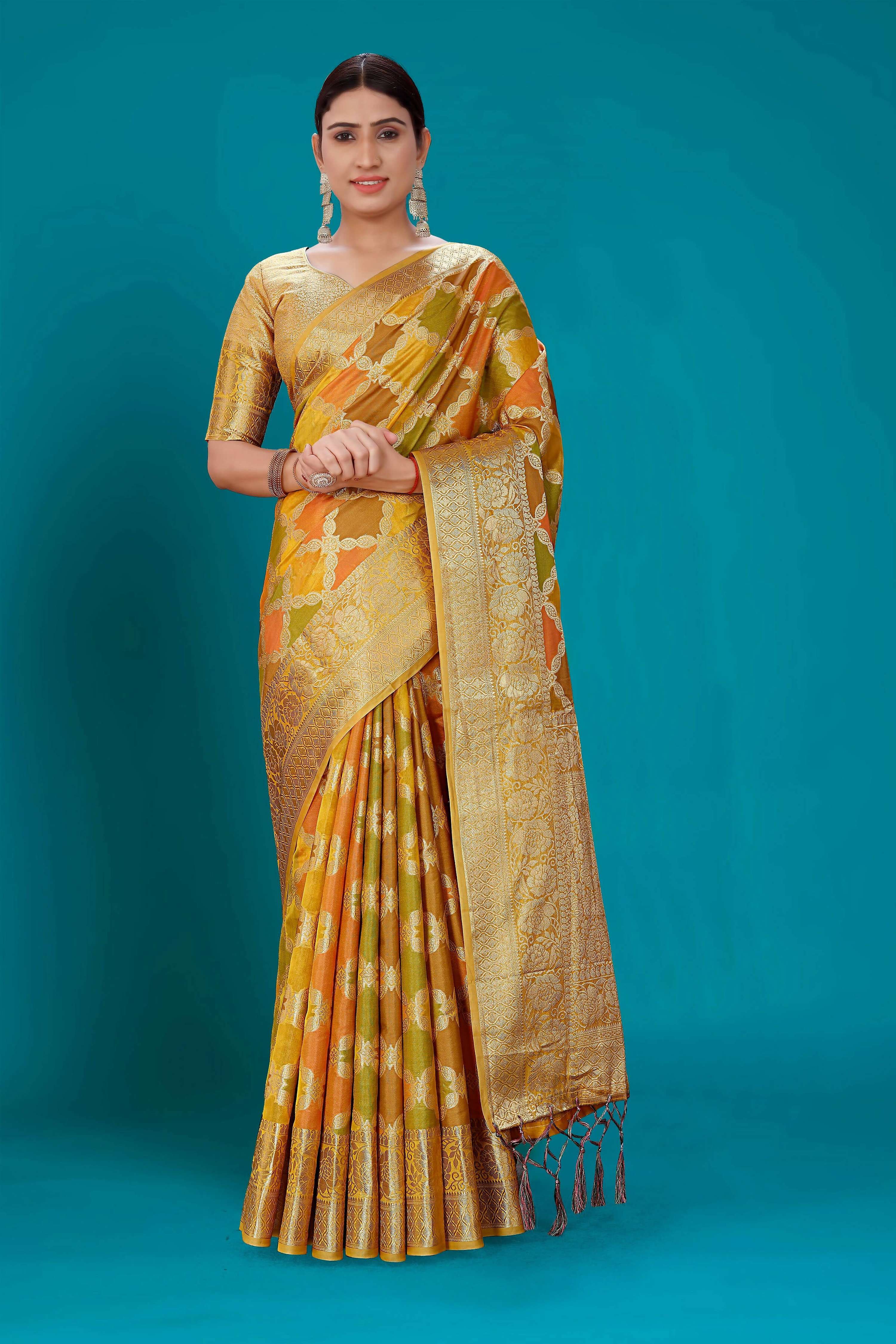 Mustard Soft Organza Woven Design Saree with Unstitched Blouse Piece - Zaara