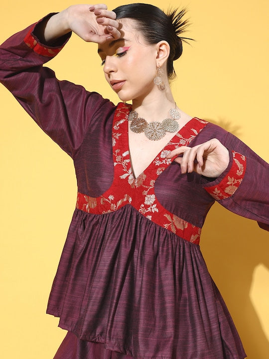 InWeave Women's Wine Red Brocade Mughal Shaan Kurta Palazzo Set