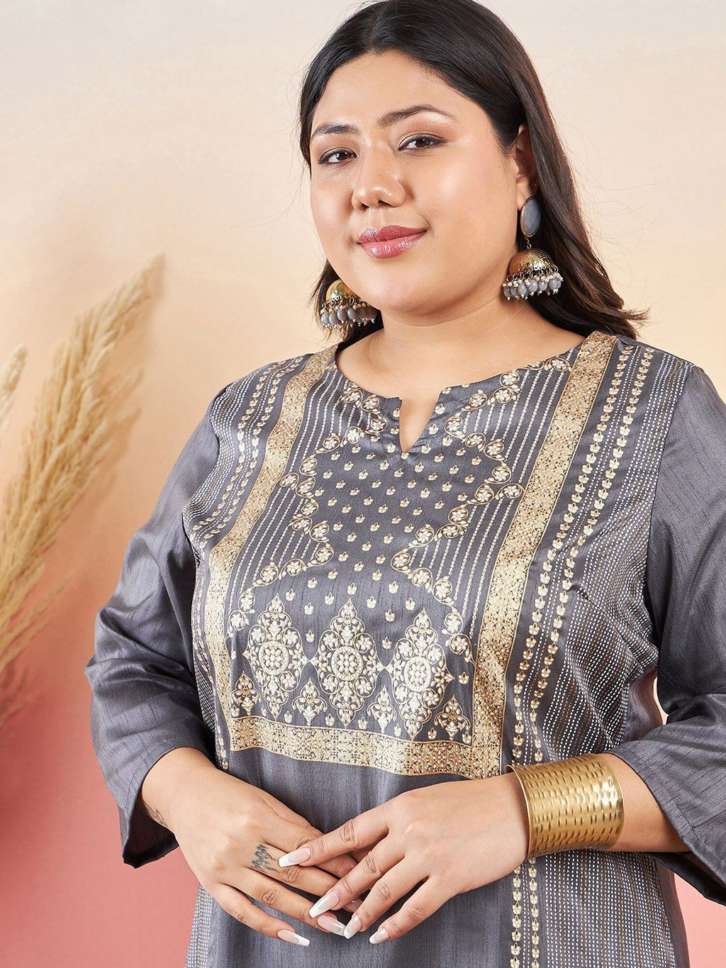 Sztori Ethnic Motifs Printed Notched Neck Straight Kurta With Palazzo