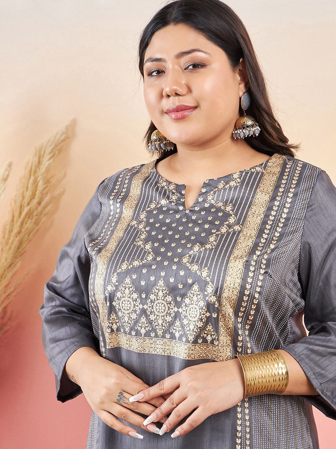 Sztori Ethnic Motifs Printed Notched Neck Straight Kurta With Palazzo