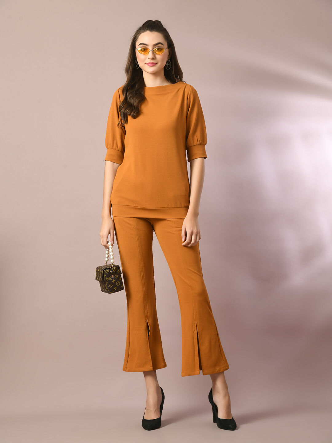 Myshka Women's Mustard Solid Boat Neck Party Top With Trousers Co-ord set