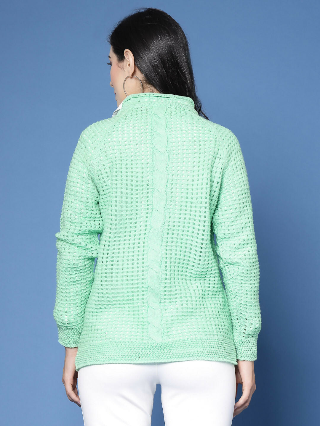 Women Green Acrylic Pointele Sweater - Wool Trees