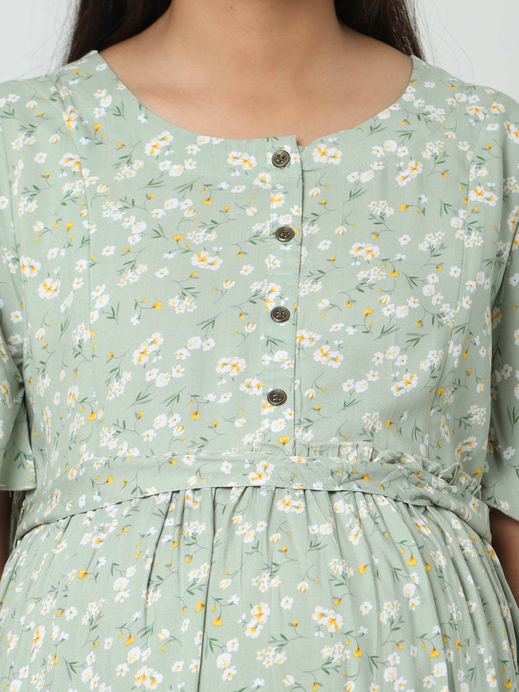 Manet Frill Slevees Maternity Dress Floral Print With Concealed Zipper Nursing Access - Green