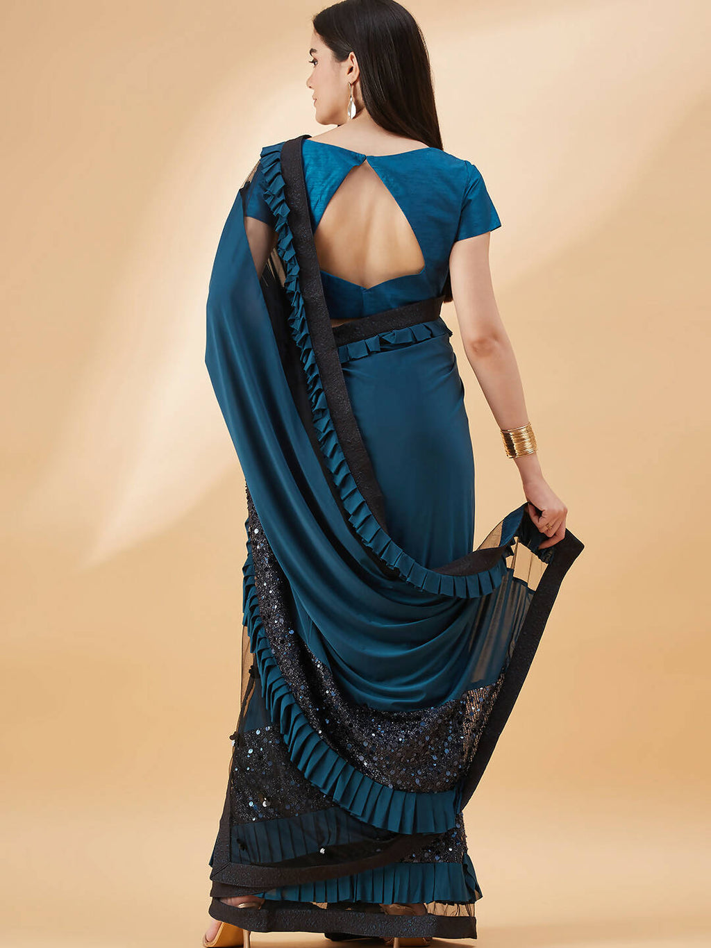 Peacock Blue Lycra Sequins Fabric. Frill Details, Handwork Buttis Saree - Norita Hit Design