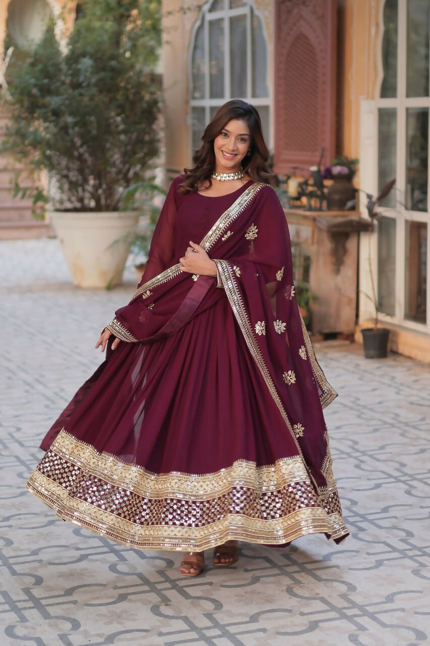 Vastranavya Premium Designer Faux Blooming with Embroidery Zari Sequins work Gown - Maroon