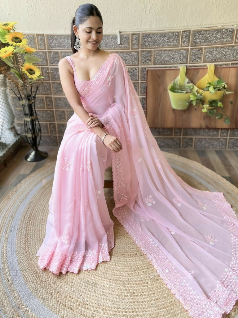 Pink Georgette Sequence Embroidery Cut Work Saree - Saadia