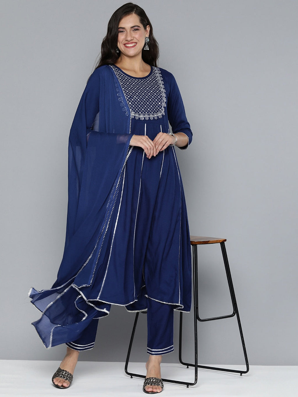 HERE&NOW Ethnic Motifs Embroidered Gotta Patti Kurta With Trousers & With Dupatta