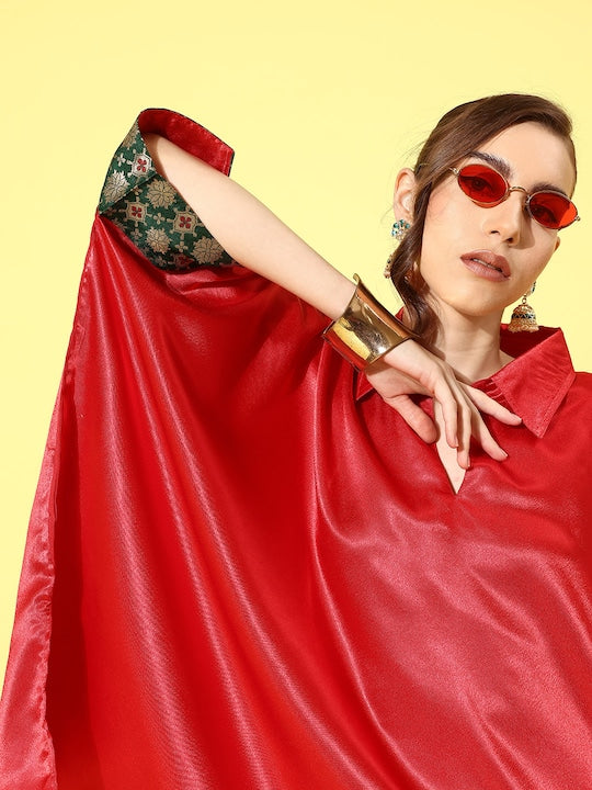 InWeave Women's Red Green Brocade Satin Boho Kurta Palazzo Set