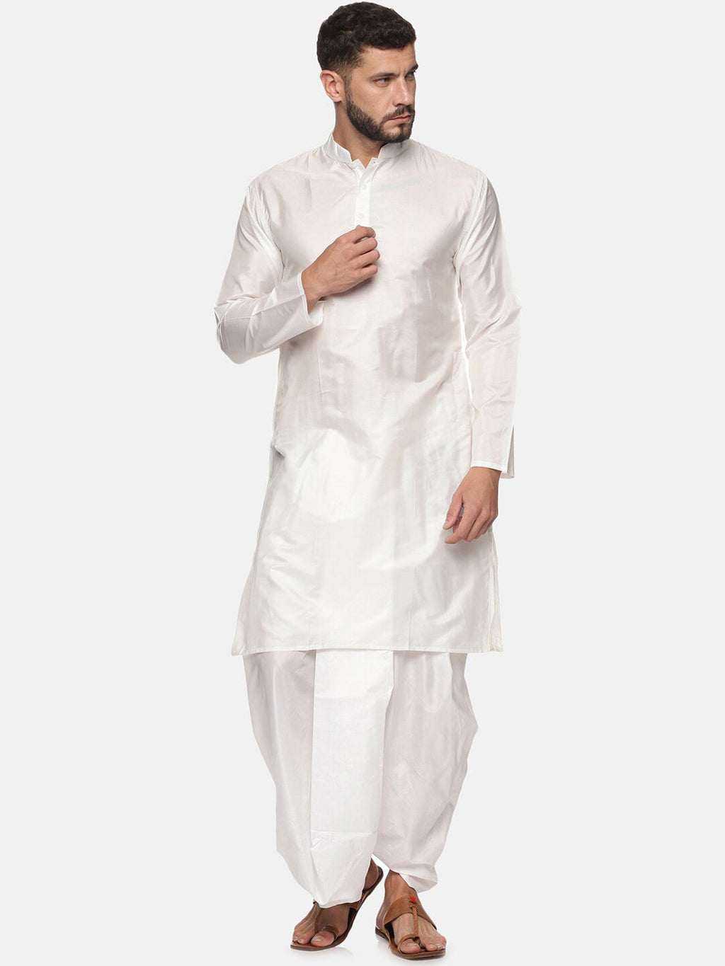 Sethukrishna Men White Solid Kurta with Dhoti Pants