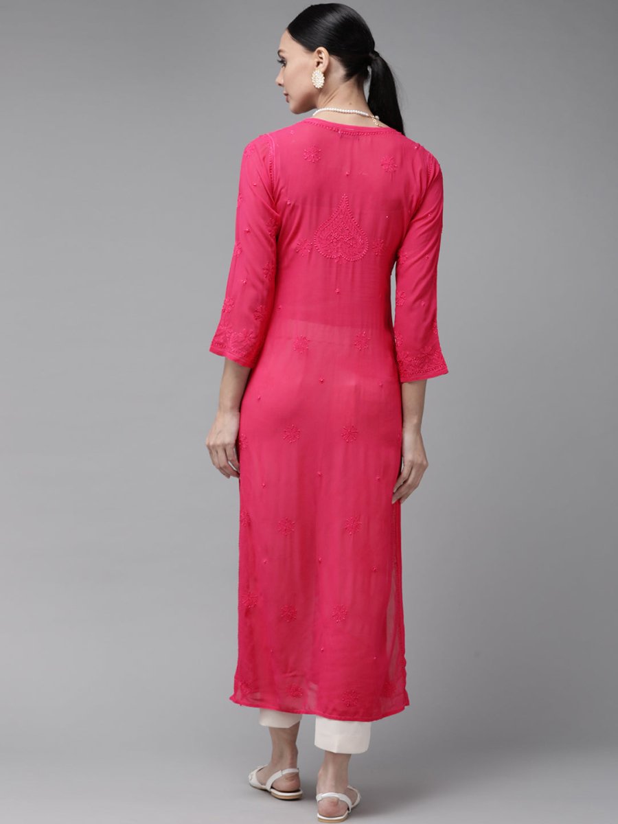 ADA Women Magenta & Magenta Ethnic Motifs Embroidered Chikankari Georgette Kurta