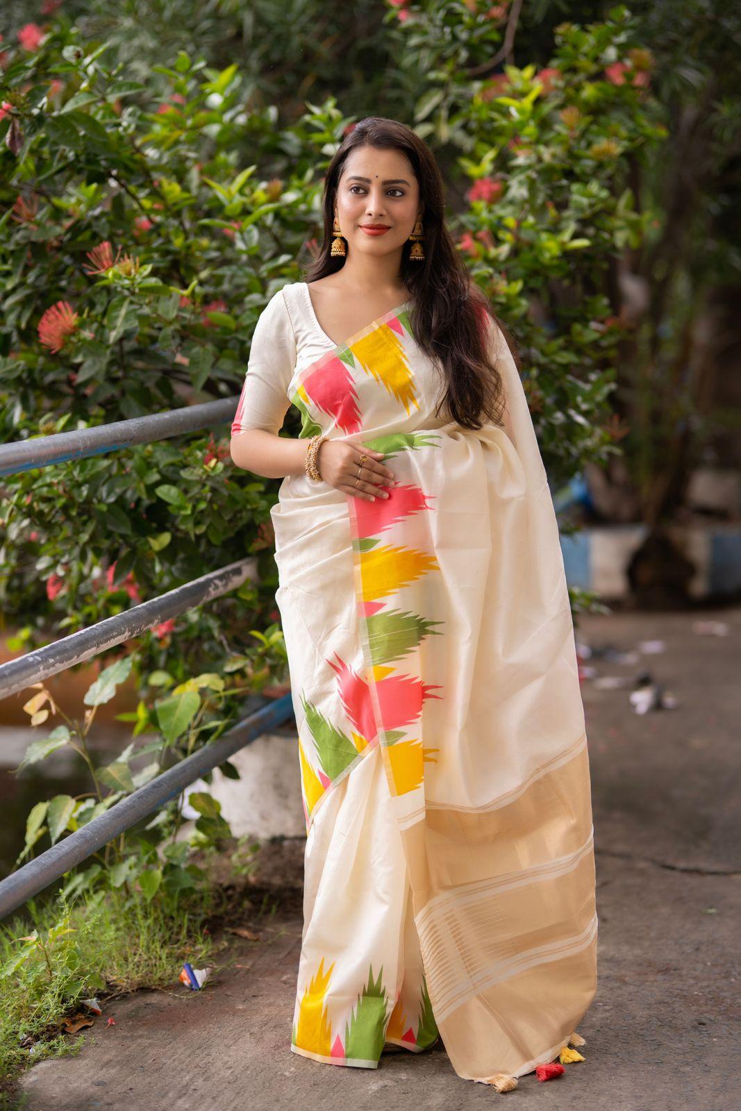 Cream Polycotton Woven Design Saree with Unstitched Blouse - Hiral Fashion
