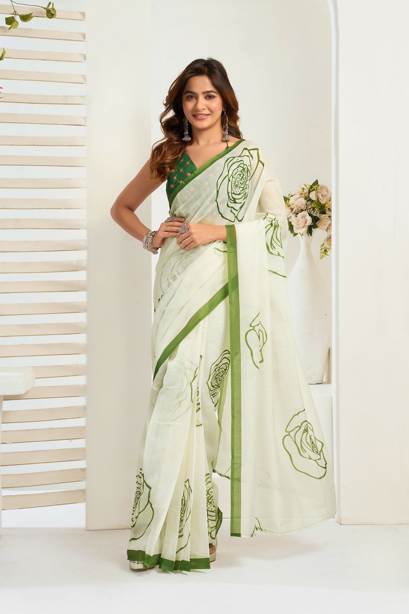 Vastranavya Green Digital Printed Linen Ready To Wear Designer Saree with Unstitched Blouse