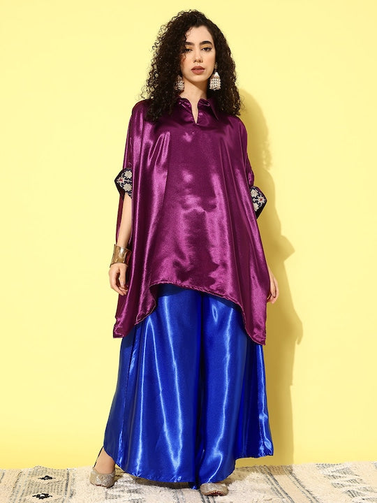 InWeave Women's Wine Navy Brocade Satin Boho Blue Palazzo Set