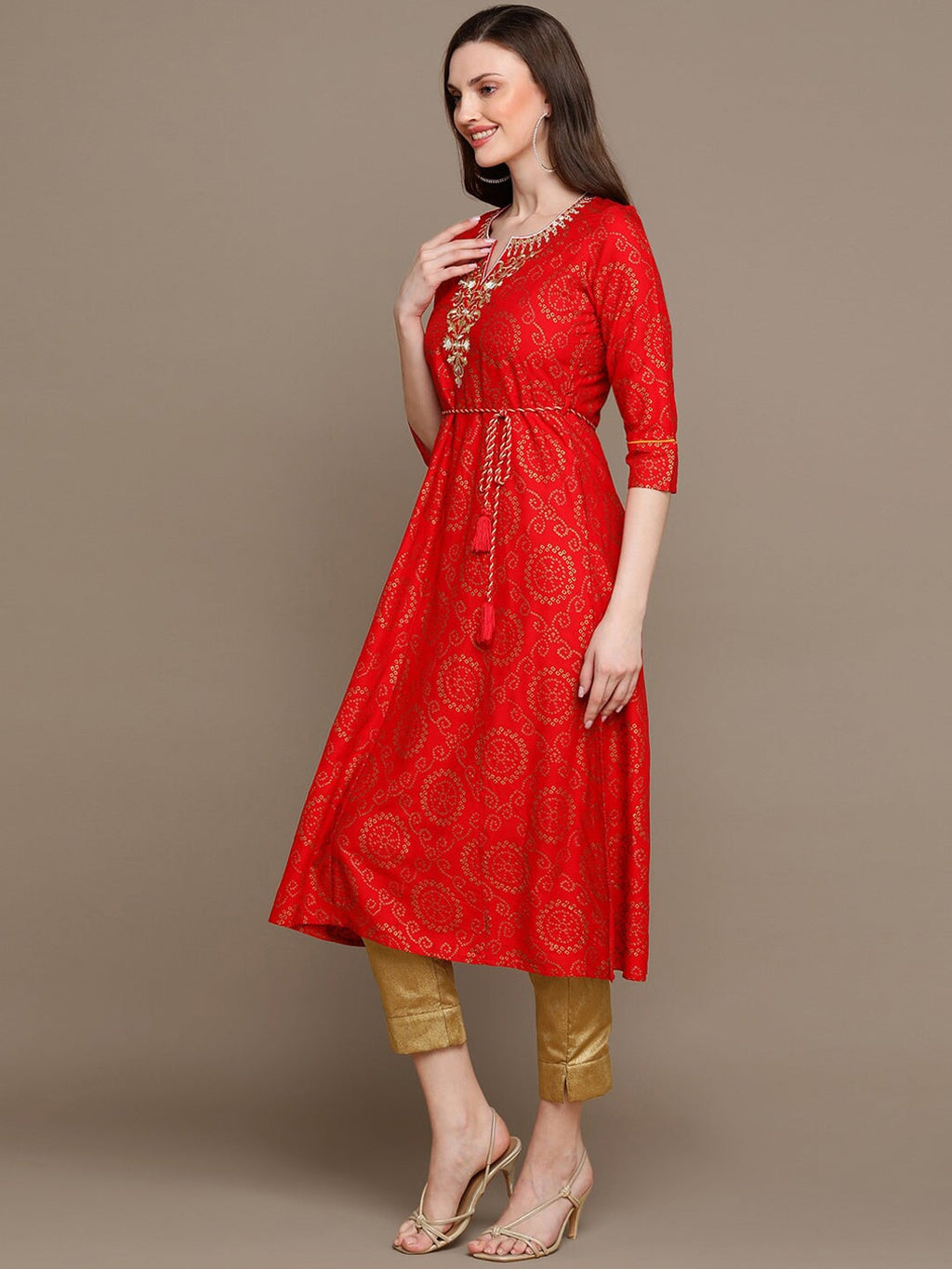HERE&NOW Bandhani Printed Thread Work Embroidered Anarkali Kurta