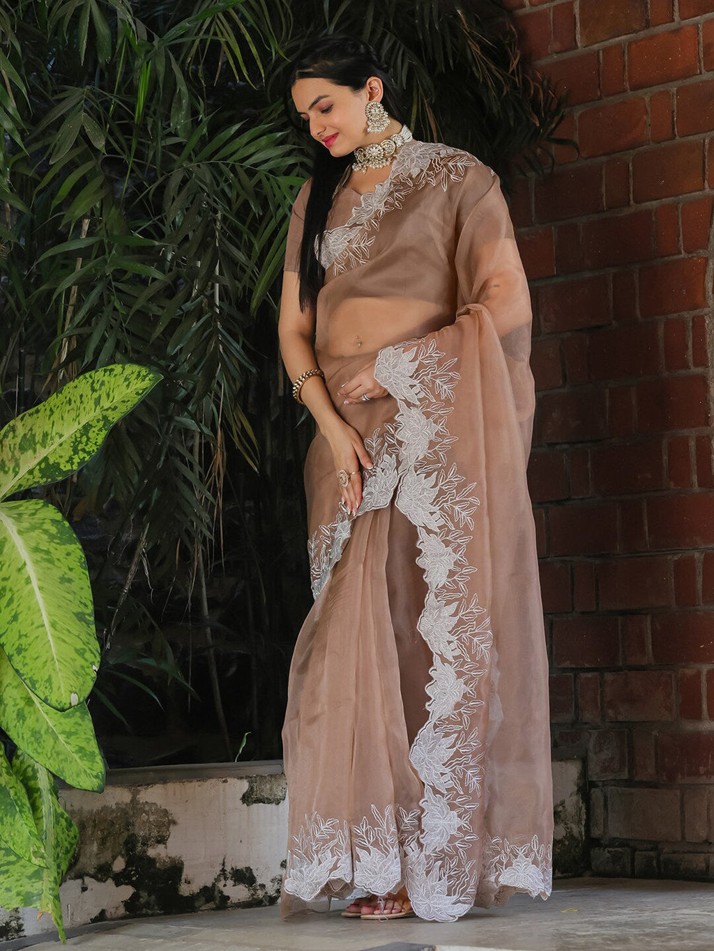 Tikhi Imli Beige Embroidered Organza Saree