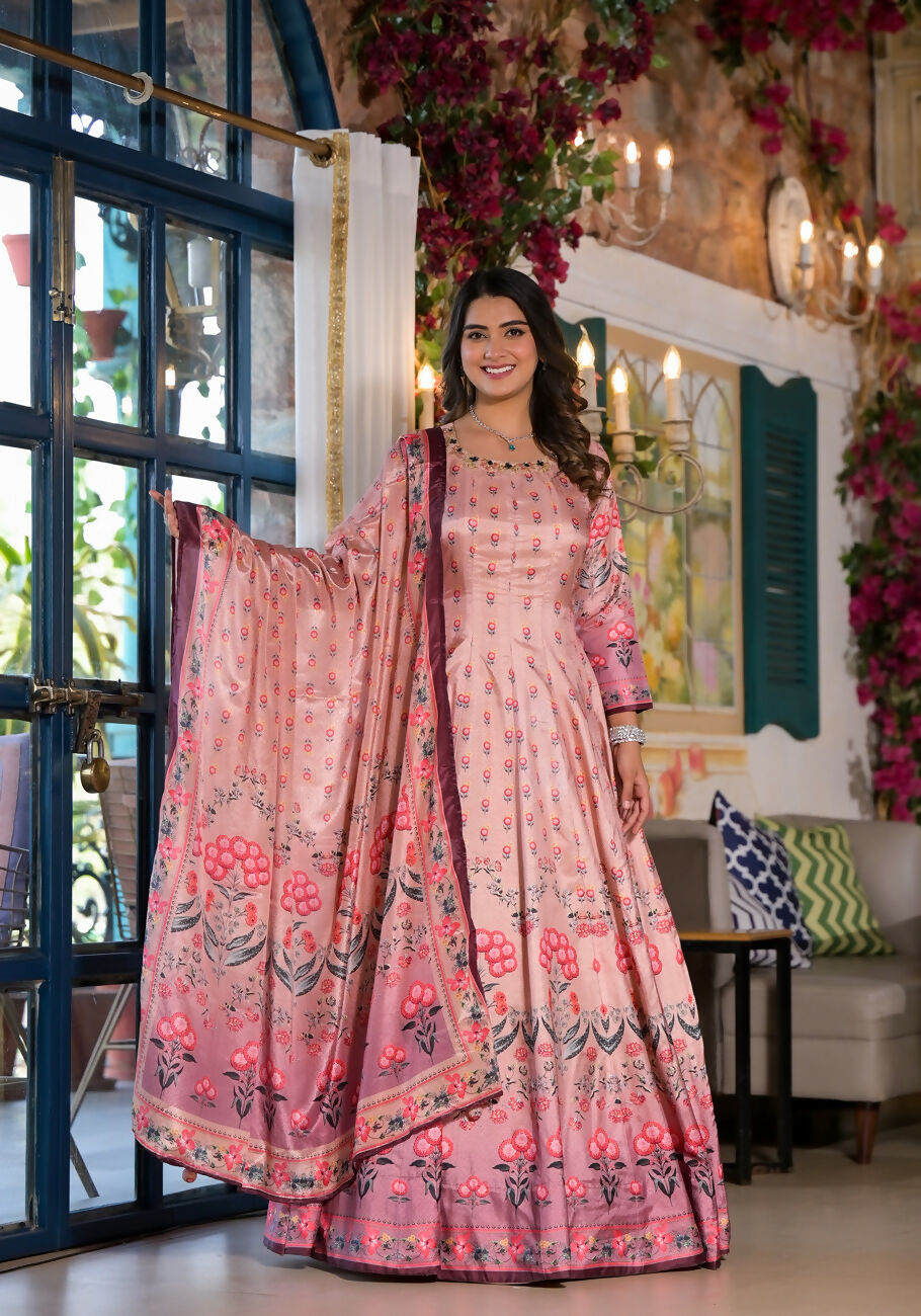Partywear Designe rPeach Dola Silk Anarkali suit with Dupatta - Samyukta