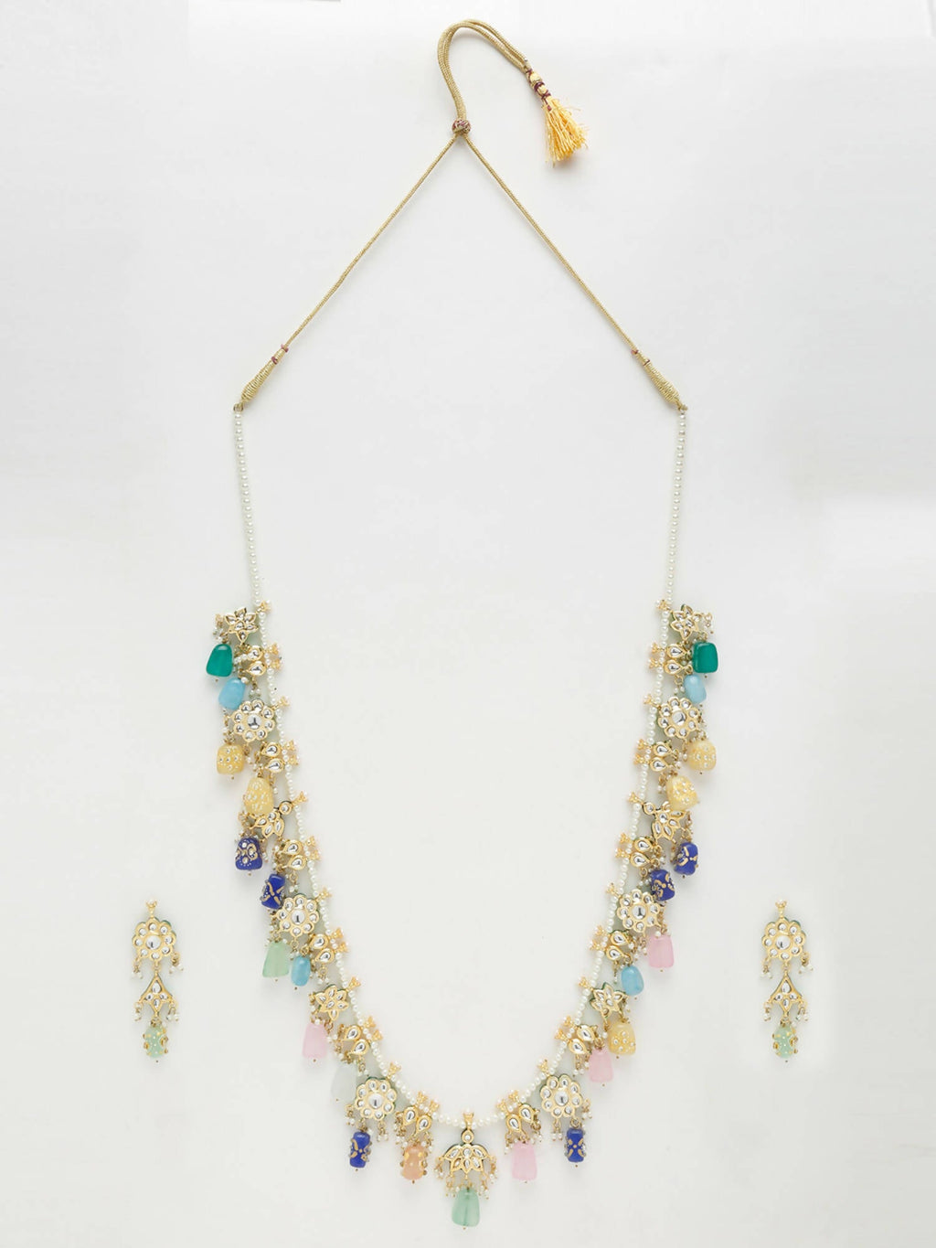 Long Kundan Neckpiece With Studs - Ruby Raang
