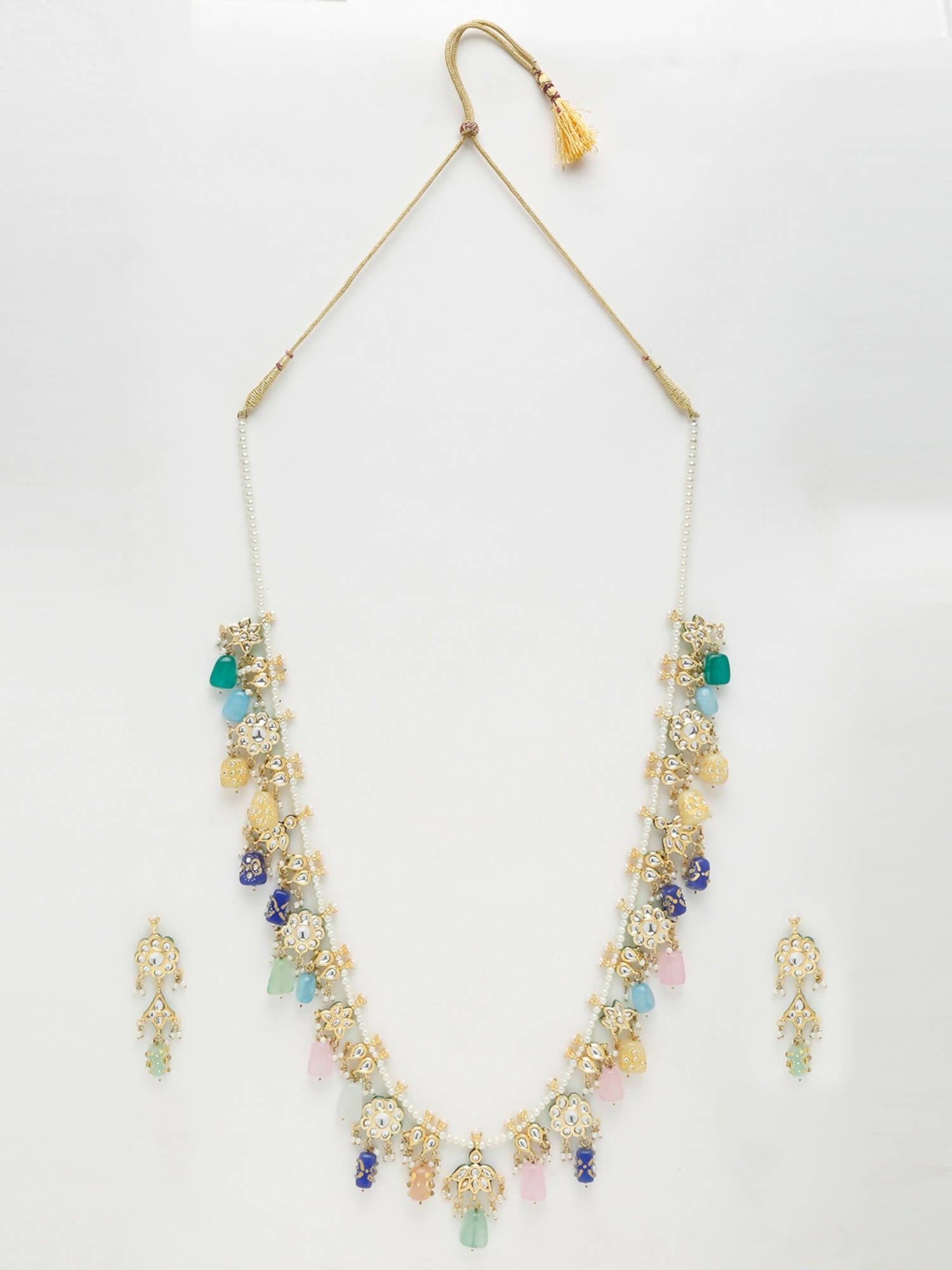 Long Kundan Neckpiece With Studs - Ruby Raang