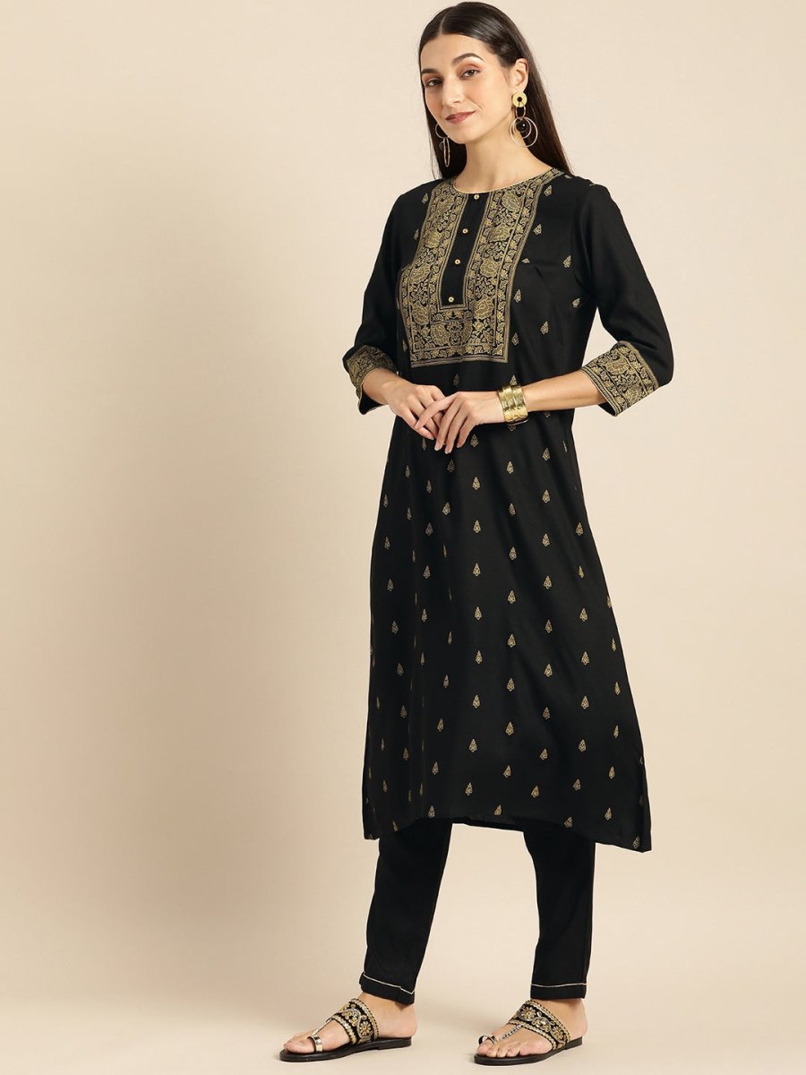 All About You Women Black & Mustard Yellow Printed Kurta with Trousers