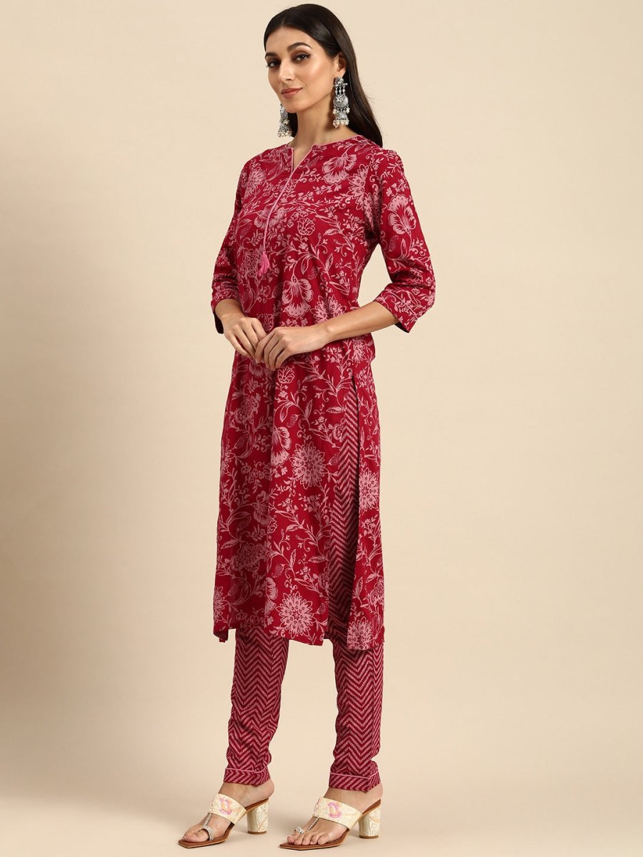 All About You Women Red Floral Printed Kurta with Trousers