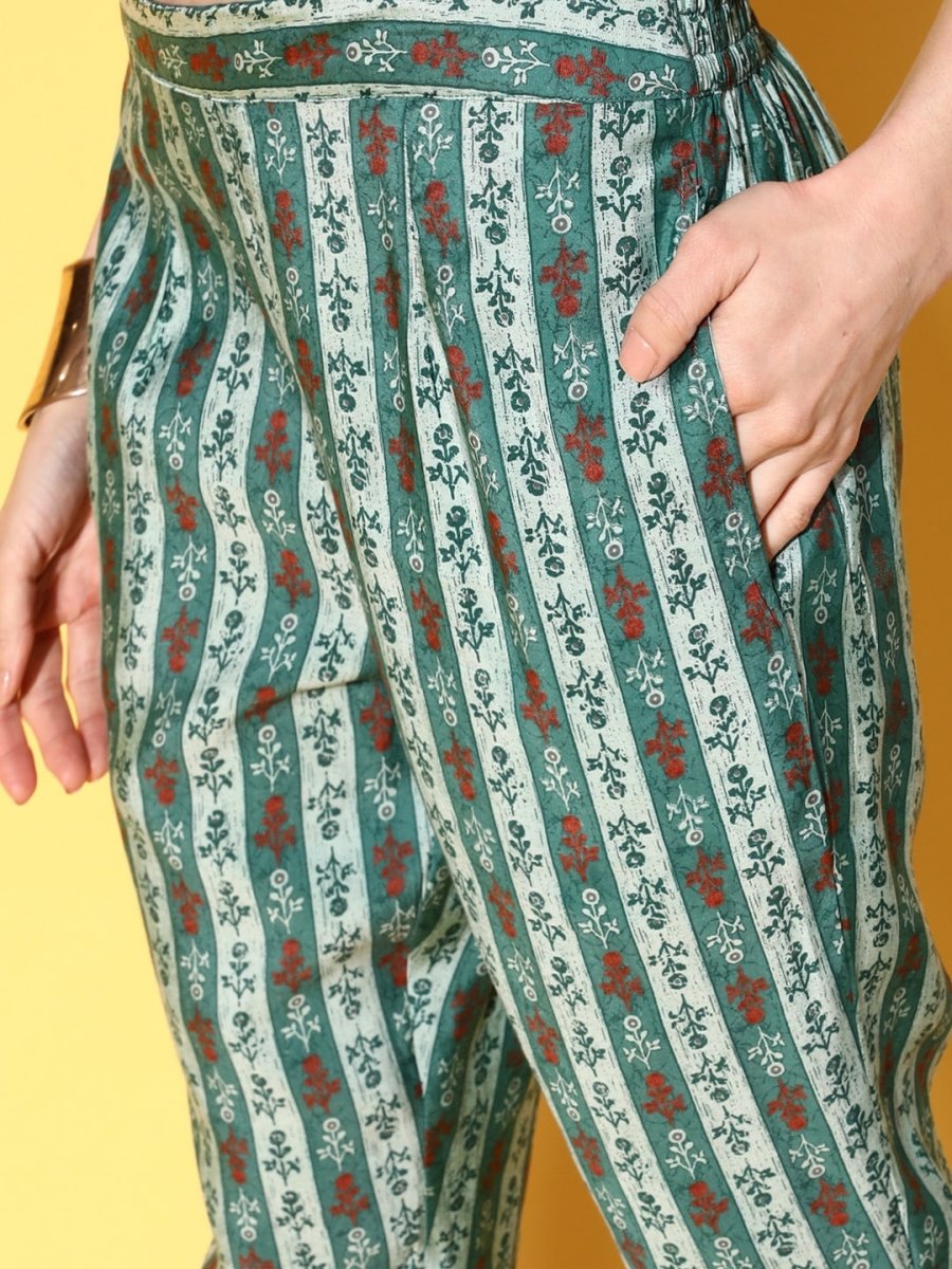 All About You Women Calm Green Ethnic Motifs Print Parade Kurta with Trousers